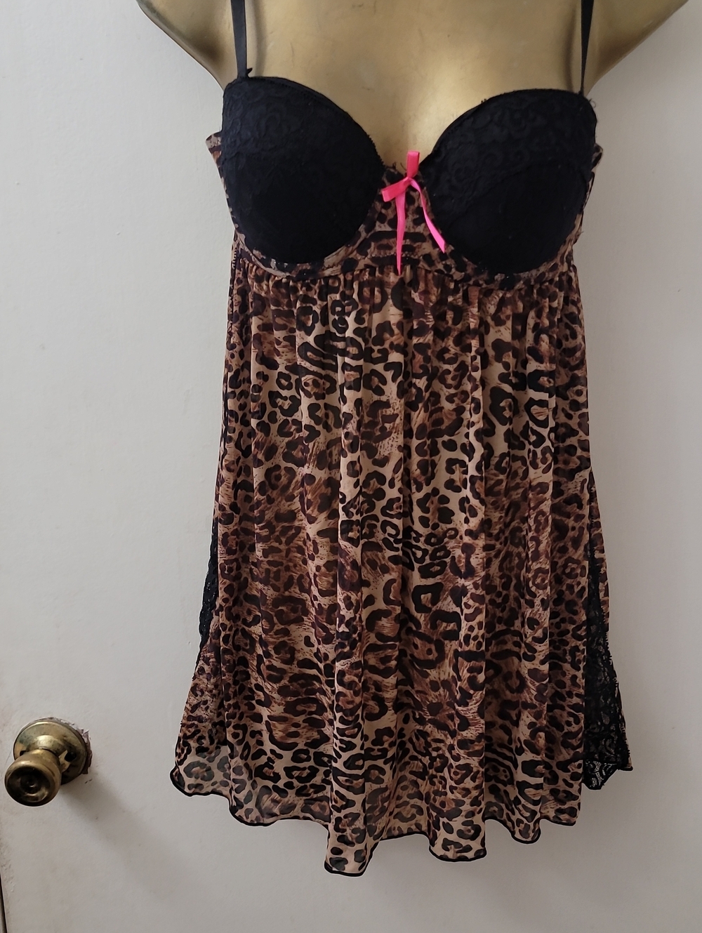 Leopard Print Babydoll Nightdress with Black Lace Cups